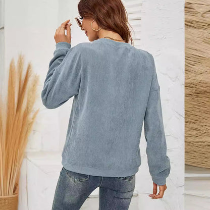 Sweatshirt en corduroy, col rond, manches longues, femme.